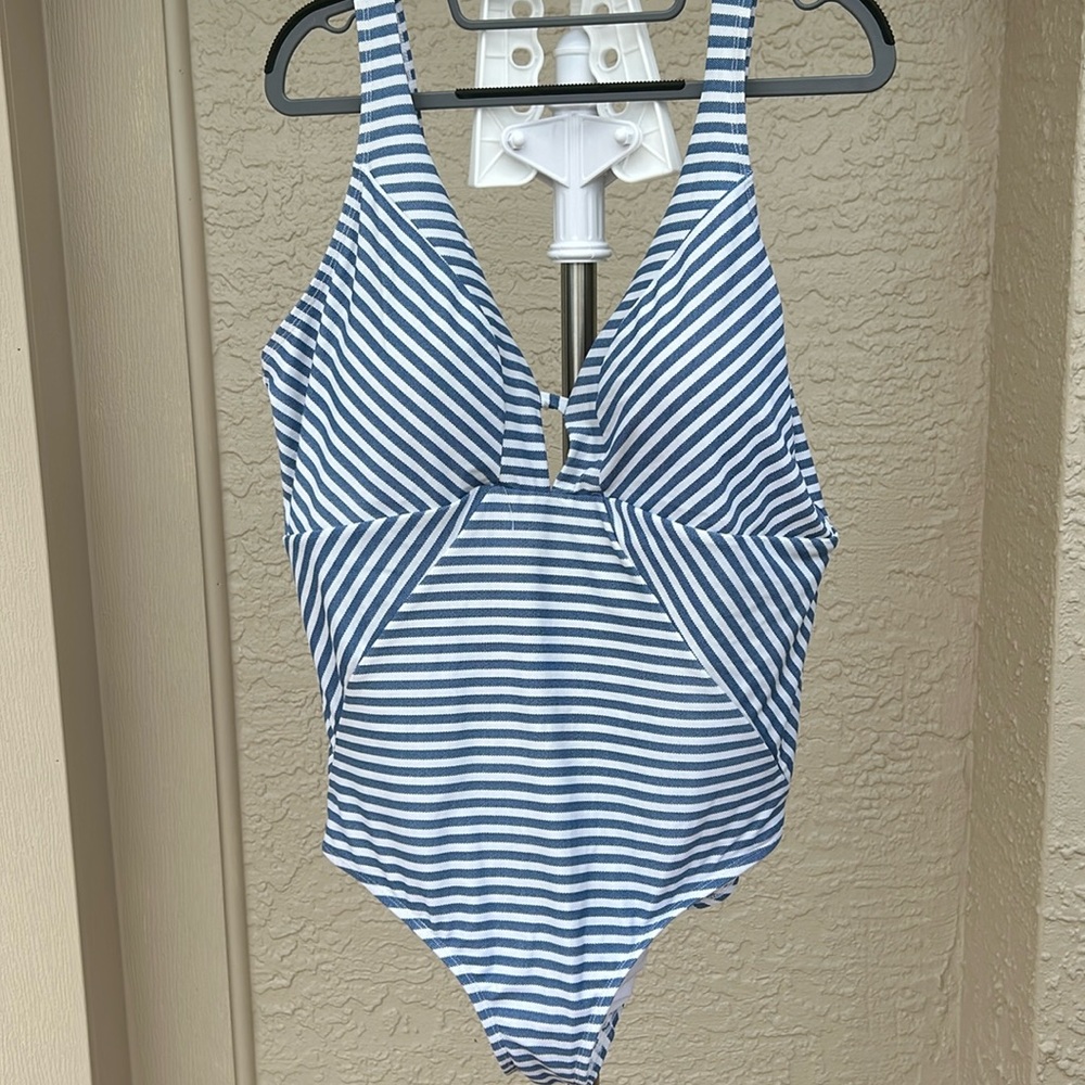 Plus size blue, and white swimsuit
